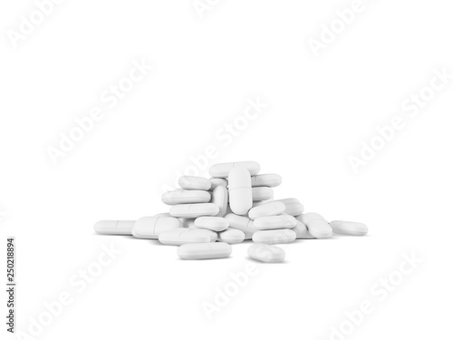 Different pharmaceutical medicine pills, tablets and capsules on white background. Health care concept. 3D render illustration.