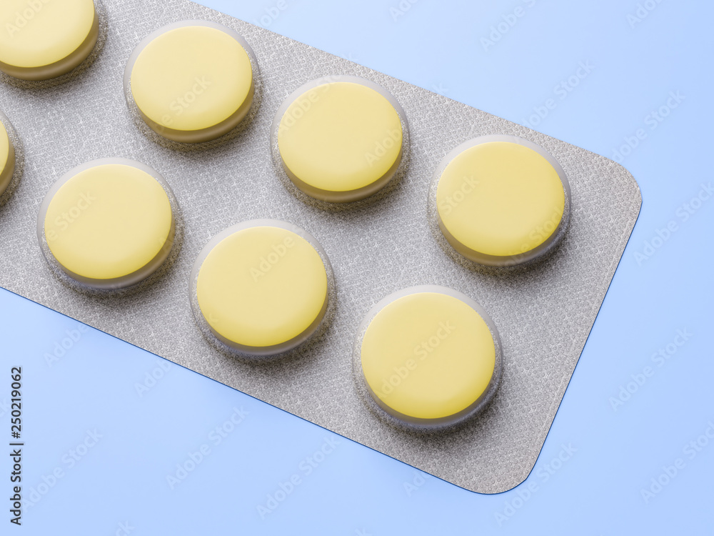 Pharmaceutical medicine pill on blue background. Health care concept. 3D render illustration. Pharmaceutical medicine pill on blue background. Health care concept. 3D render illustration.