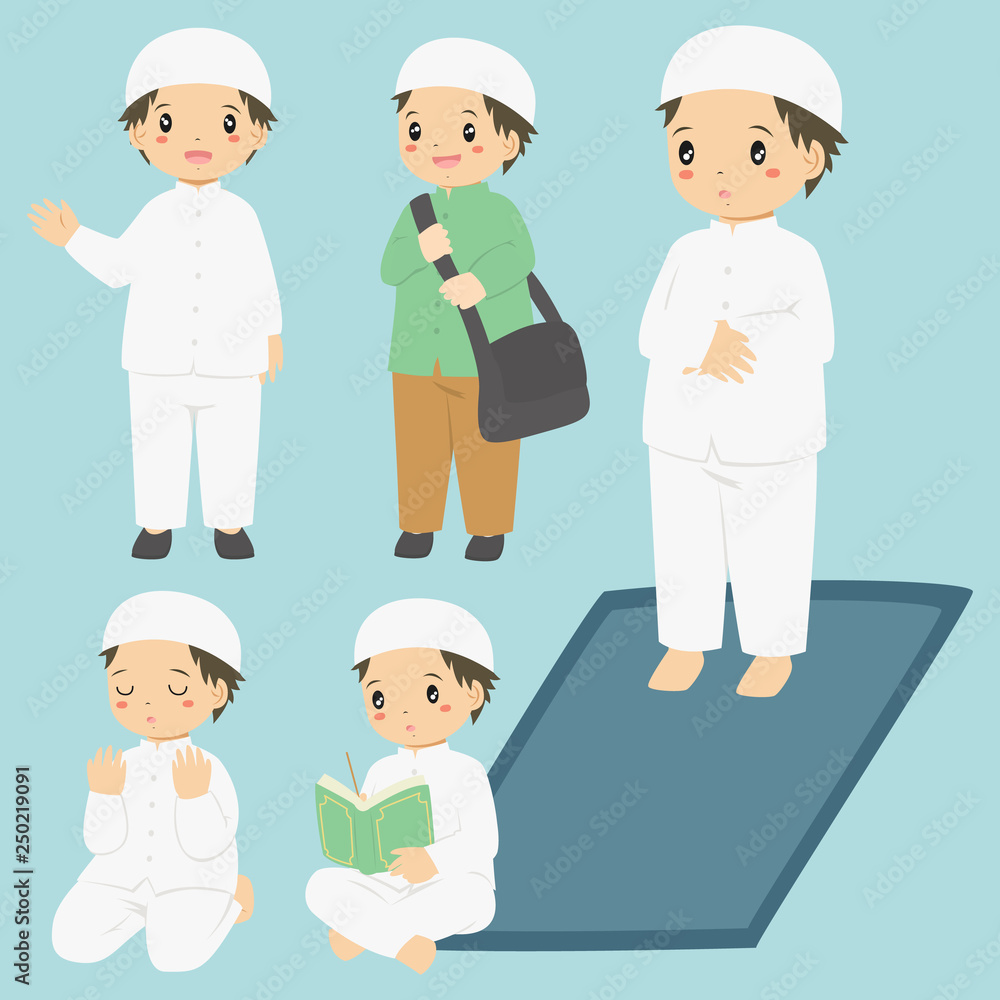 Vector collection of a Muslim boy doing his daily activities. Muslim boy reading quran, praying, and salat. Vector collection of a Muslim boy doing his daily activities. Muslim boy reading quran, praying, and salat.