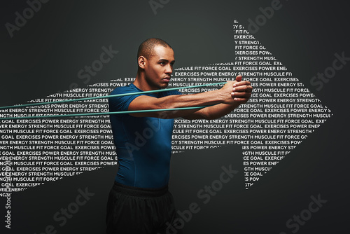 Get stronger every day. Sportsman working out with resistance band over dark background. Graphic drawing.