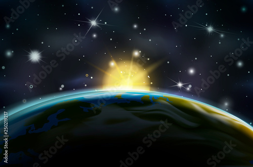 View on sunrise on Earth planet orbit from night side on space background with bright stars and constellations