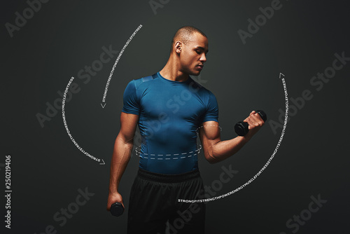 Achieving best results. Dark skinned sportsman working out with dumbbells over dark background. Graphic drawing.
