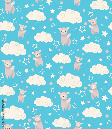 Semless vector pattern with cute winged llamas, clouds and stars. Childish texture suitable for wallpaper, wrapping and textiles