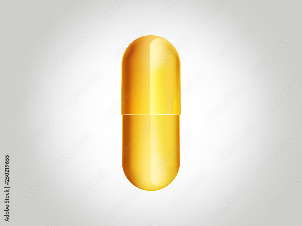 Gold medical pill capsule isolated on white background. 3D rendering illustration. Gold medical pill capsule isolated on white background. 3D rendering illustration.