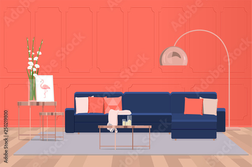 Interior design of a luxurious living room with a blue sofa against the background of a coral wall. Vector flat illumination.