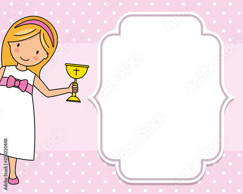 Girl communion card. Child with a chalice. Space for text