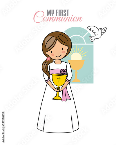 Girl communion card. Child with a chalice. Space for text