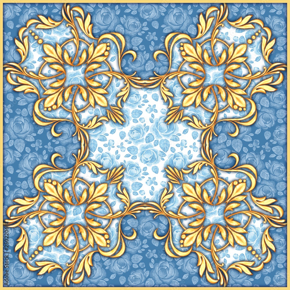 Square composition with golden scrolls and watercolor roses Square composition with golden scrolls and watercolor roses