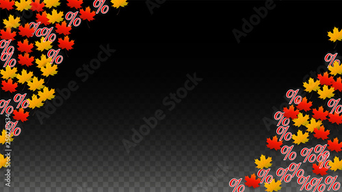 Vector Percentage Sign and Autumn Leaves Confetti on Transparent Background. Percent Sale Background. Business, Economics, Finance Print. Discount Illustration. Promotion poster. Black Friday Banner. 