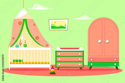 Children's room for a girl with a beautiful pink wardrobe and changing table. Wall with the decor of the clouds. Vector illustration of a flat style.