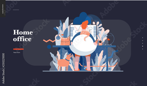 Technology 3 -Home Office - modern flat vector concept digital illustration home office metaphor, a freelancer guy working at home with pets and plants. Creative landing web page design template