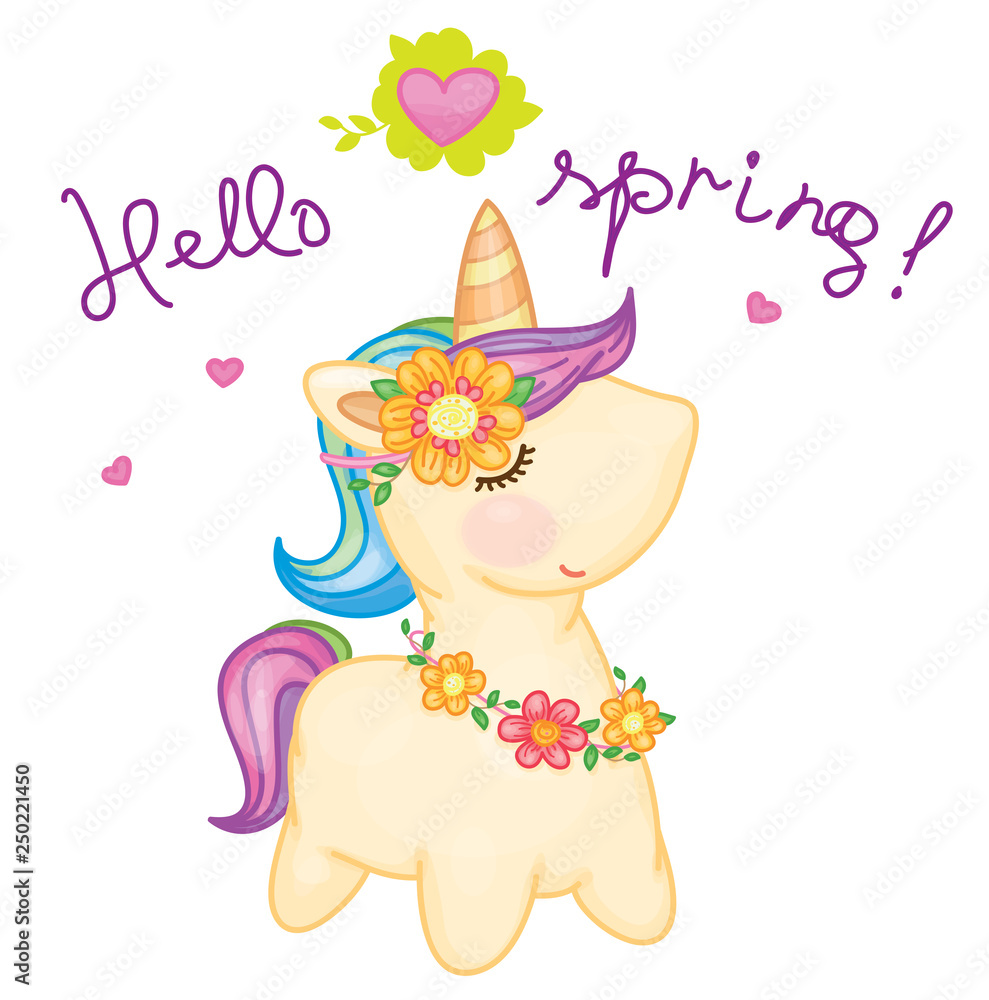Vector cute baby unicorn cartoon. Hello spring. Stock Vector | Adobe Stock