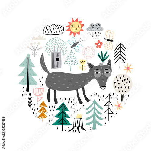 Cute wolf in the forest. T-shirt graphics for kids vector illustration. Scandinavian design. Fir forest and wolf.