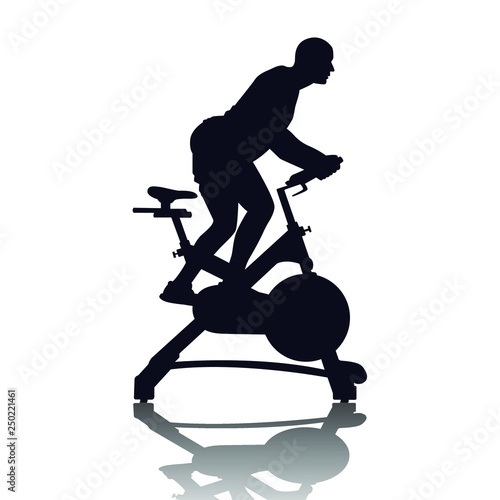 Male silhouette on exercycle in spinning class isolated on white background. Vector illustration for web and printing.