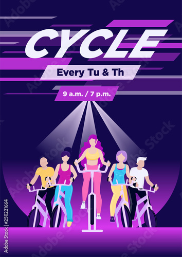 Faceless group of people on exercycles in spinning class. Colorful vector vertical illustration for web and printing. photo