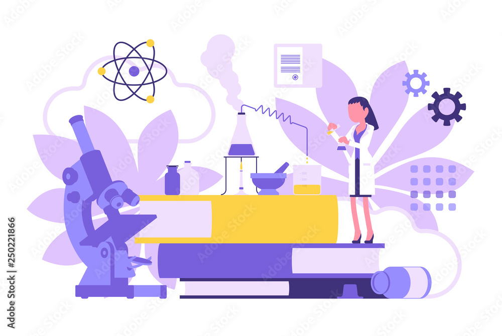 Female scientist working with flasks. Woman in white coat, scientific investigator doing research in physical, natural sciences. Education and science concept. Vector illustration, faceless characters