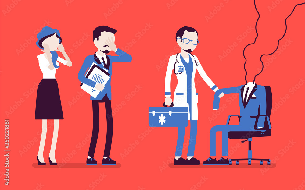 Burnout office worker and a doctor. Employee empty suit, man in exhaustion, lost physical, emotional strength, motivation, stress and frustration at workplace. Vector illustration, faceless characters Burnout office worker and a doctor. Employee empty suit, man in exhaustion, lost physical, emotional strength, motivation, stress and frustration at workplace. Vector illustration, faceless characters