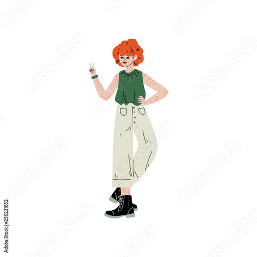 Red Haired Freckled Girl Showing Victory Sign, Female Character Loving Her Body, Self Acceptance, Beauty Diversity, Body Positive Vector Illustration