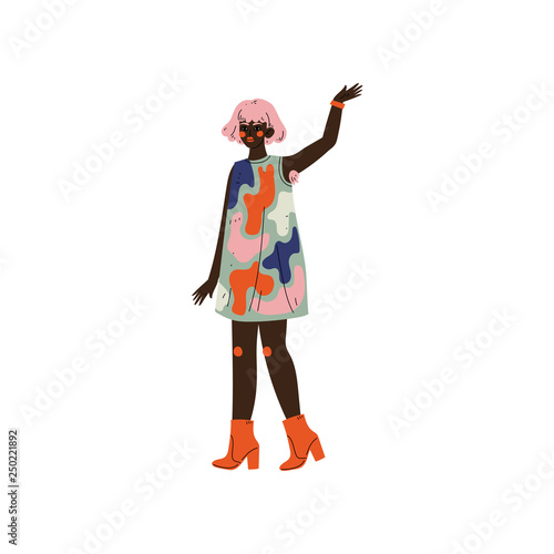 African American Woman with Hairy Armpits, Female Character Loving Her Body, Self Acceptance, Beauty Diversity, Body Positive Vector Illustration
