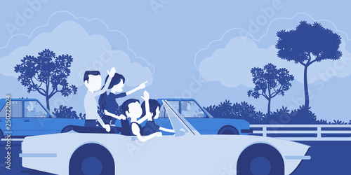 Friendly team going first fast. Group of young happy people driving speed car, colleagues work well reaching together business result, teamwork and friendship. Vector illustration, faceless characters