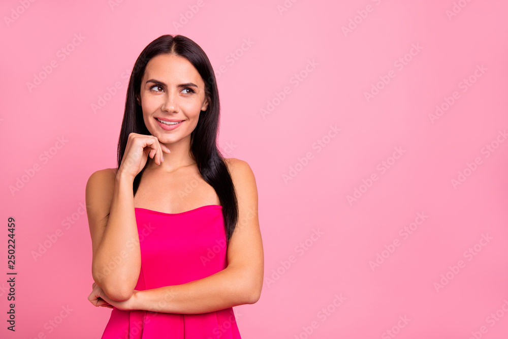 Close up photo cute she her lady did great big surprise overthinking how to introduce it husband boyfriend romance mood wearing bright classy chic vivid pink dress outfit isolated on rose background Close up photo cute she her lady did great big surprise overthinking how to introduce it husband boyfriend romance mood wearing bright classy chic vivid pink dress outfit isolated on rose background