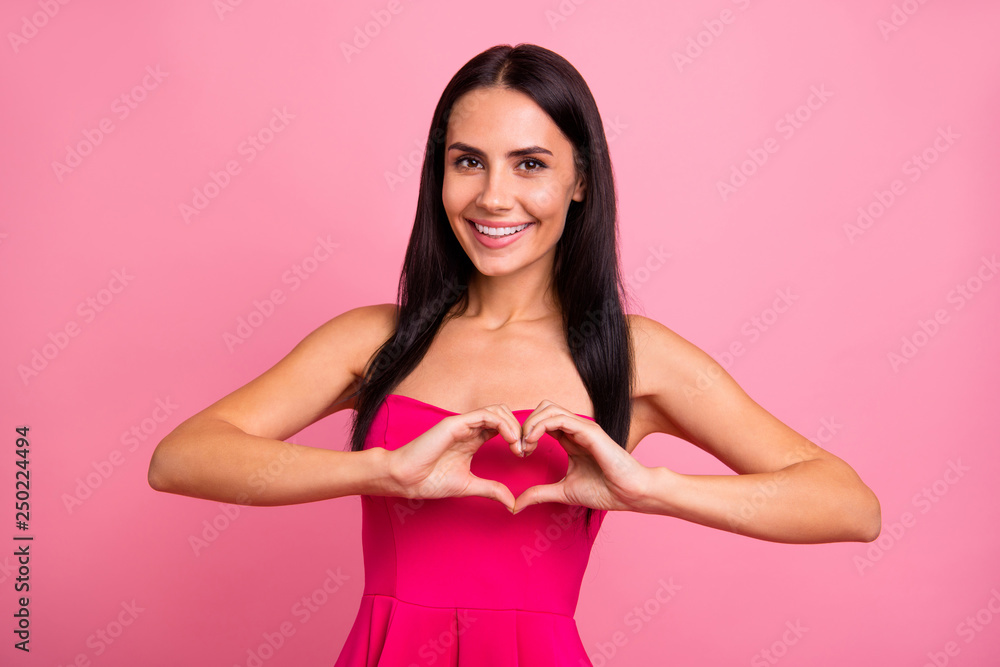 Close up photo cute she her lady romance mood make heart figure with fingers sincere kindhearted smiling wearing bright classy chic vivid pink dress outfit isolated on rose background Close up photo cute she her lady romance mood make heart figure with fingers sincere kindhearted smiling wearing bright classy chic vivid pink dress outfit isolated on rose background