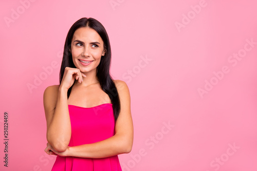 Close up photo cute she her lady did great big surprise overthinking how to introduce it husband boyfriend romance mood wearing bright classy chic vivid pink dress outfit isolated on rose background