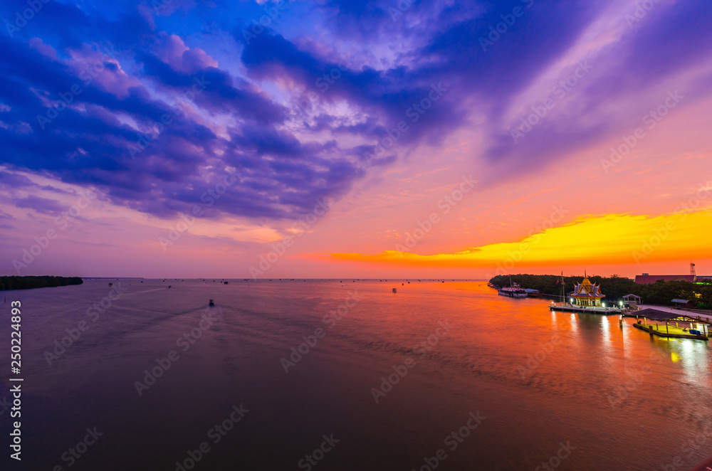 Beautiful sunrise at Bangtaboon Phetchaburi,Thailand.