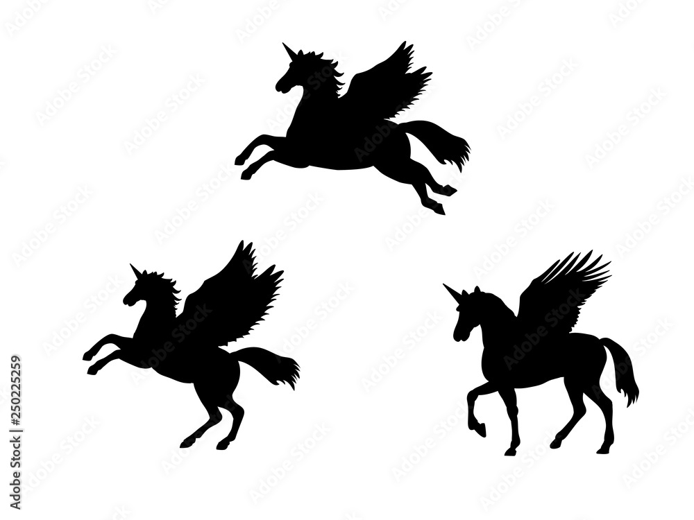 Pegasus Unicorn silhouette mythology symbol fantasy tale. Vector illustration.