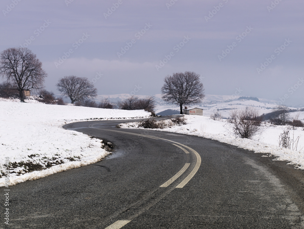 Obraz premium Road leading to a Distant bare tree and an old building on snow covered land