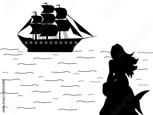 Mermaid siren ship silhouette ancient mythology fantasy. Vector illustration.
