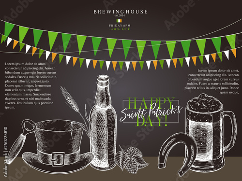 Hand drawn Saint Patrick day pub poster. Beer and snacks. Vector glass, bottle, opener, horseshoe, barley, hop, food, hat. Bar alcohol beverages. Craft brewery Discount banner flyer poster.