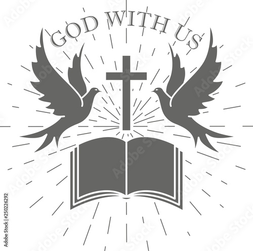 Black and white illustration with pigeons bible cross-rays and text with us god