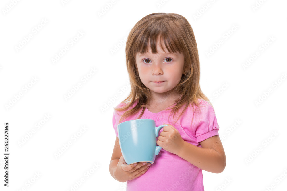 Cute three year old girl drinks water from a cup isolated on white background Cute three year old girl drinks water from a cup isolated on white background