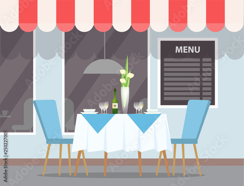 Street view of restaurant vector. Canopy on roof of cafe, exterior of eatery, table with flower vase and elegant furniture, tablecloth and chairs decor