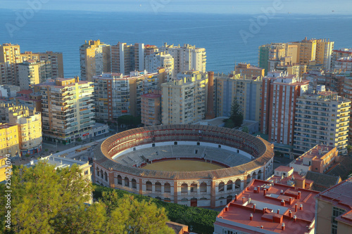 skyline of the cost of Málaga with the bullring