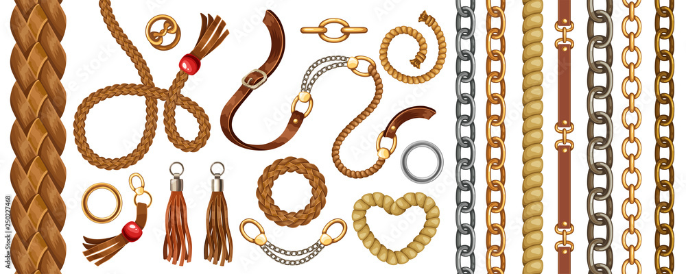 Set with belts and gold and silver chains, fringe for fabric design ...