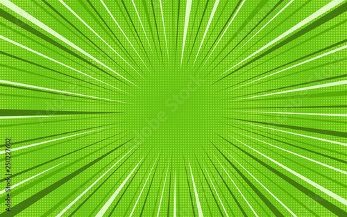 Bright green exploding retro comic background with rounded halftone highlight shadow and circle of dark and light stipes. Cartoon eco backdrop for comics book, advertising design, poster, print