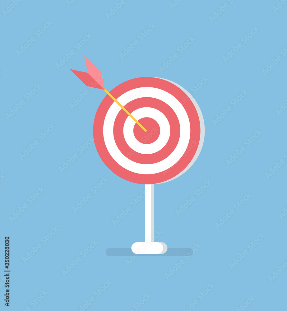 Arrow in target, vector isolated on blue. Accuracy concept, dartboard with dart in center. Business solutions symbol, efficiency and bullseye in red and white Arrow in target, vector isolated on blue. Accuracy concept, dartboard with dart in center. Business solutions symbol, efficiency and bullseye in red and white