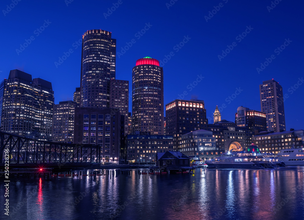 View of the night glowing in the lights of Boston. USA. Massachusetts.