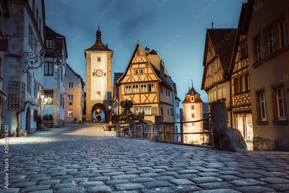 Historic town of Rothenburg ob der Tauber in twilight, Bavaria, Germany