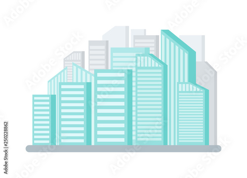 City with tall buildings and skyscrapers vector. Isolated icon of town, urban district exterior and facade of constructions. Residences of megapolis