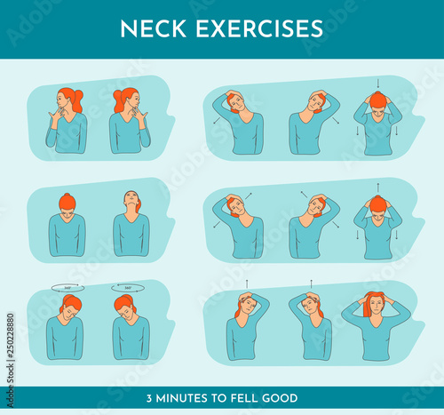 Vector colorful illustration set with neck exercises by girl. Creative concept. Blue and orange colors