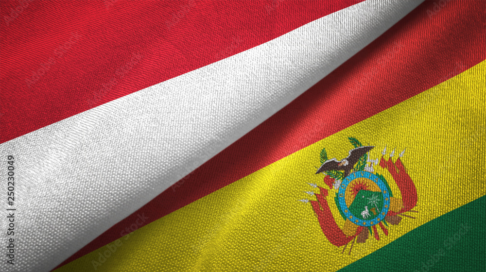 Fototapeta premium Indonesia and Bolivia two flags textile cloth, fabric texture