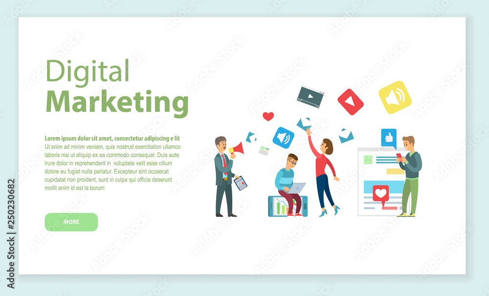 Internet business, digital marketing online page vector. Programmer and marketologist with laptop or smartphone and loudspeaker, apps and sites web icons Internet business, digital marketing online page vector. Programmer and marketologist with laptop or smartphone and loudspeaker, apps and sites web icons