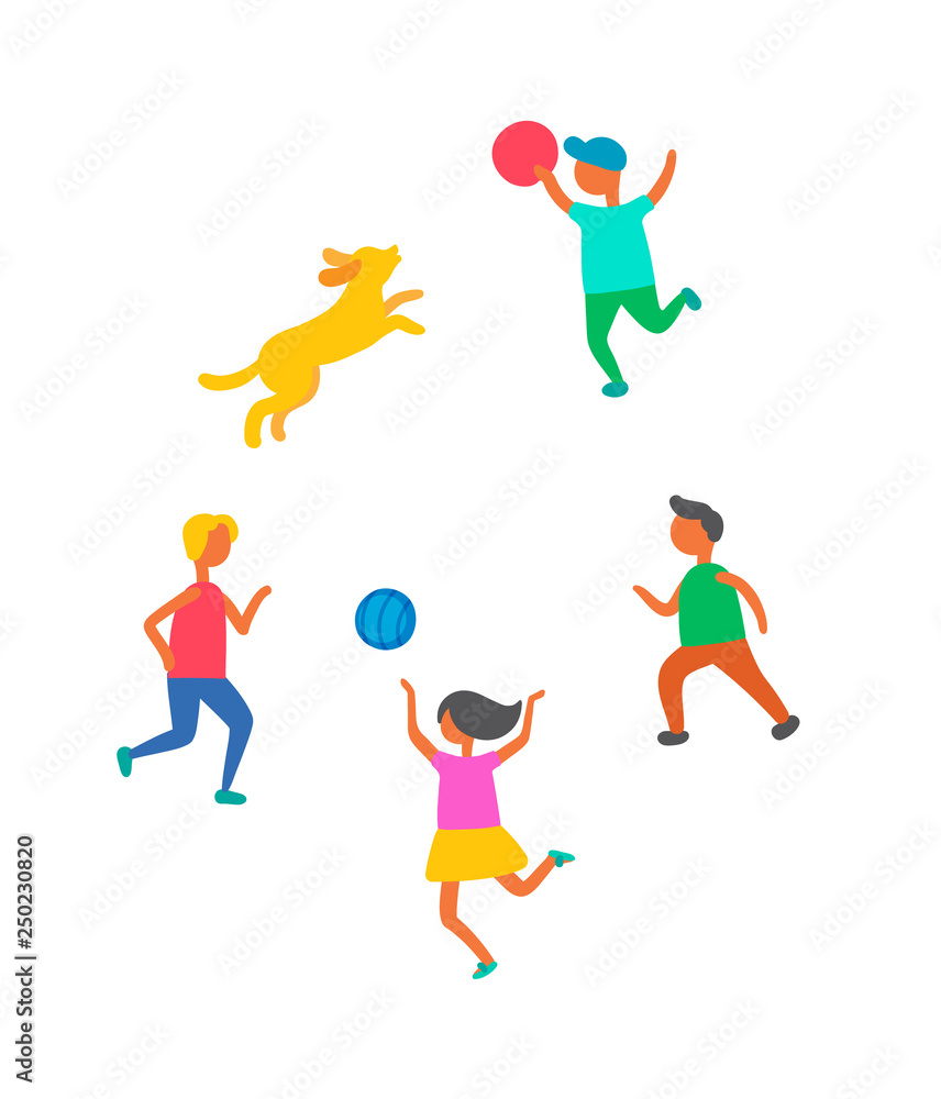 Children playing in ball with dog pet outdoors vector isolated. Cartoon style kids boys and girl play with canine animal, happy childhood concept