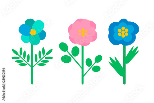 Buds with blue and pink petals, green stems and leaves, woods greenery, biological species. Plants, wild flowers isolated vector icons, nature elements