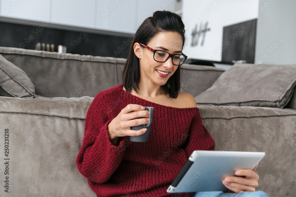 Amazing woman indoors in home on sofa using tablet computer.