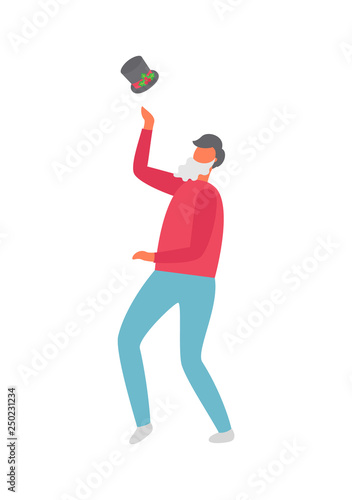 Man with artificial bearrd and magic hat vector isolated icon. Person on New Year eve party with cylinder headwear, showing tricks, male in sweater and jeans