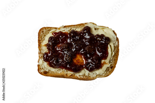 slice of white bread with butter and strawberry jam isolated, white background